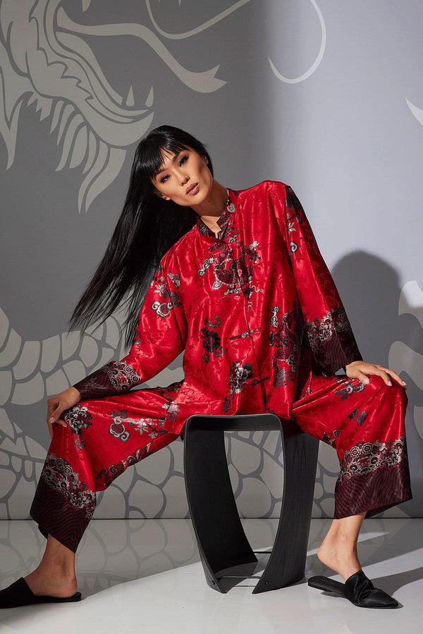 Natori Imperial Dragon Jacquard Mandarin PJ Red