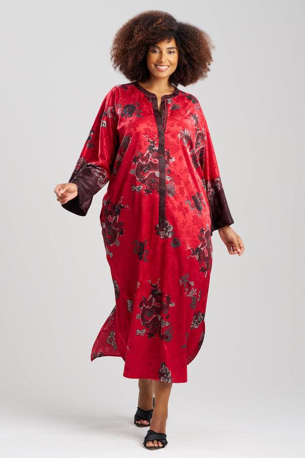 Natori Imperial Dragon Jacquard Zip Caftan Red
