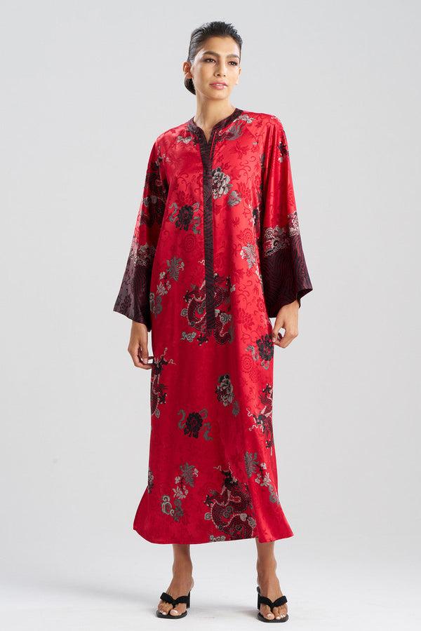 natori Imperial Dragon Jacquard Zip Caftan Red