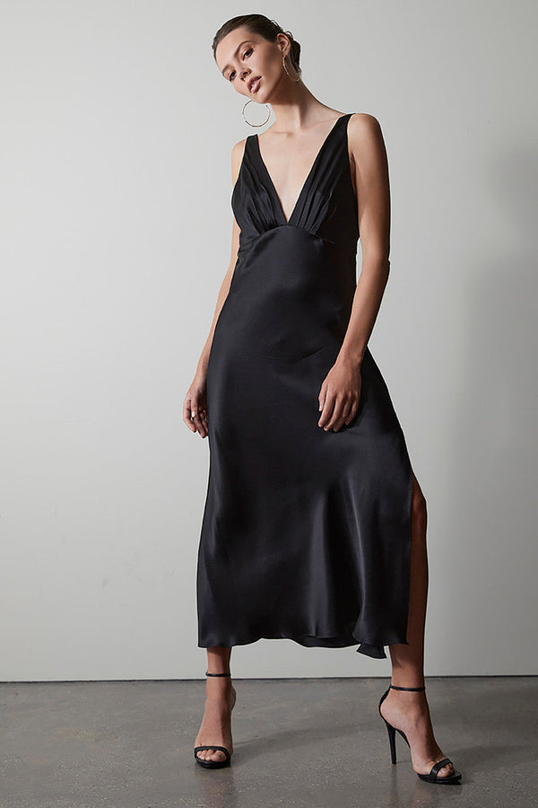 natori Key Essentials Silk V-Neck Slip Dress Black