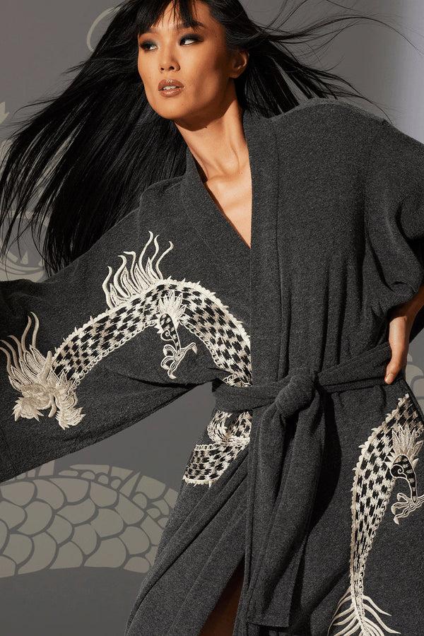 Natori Kham Dragon Embroidered Robe Black