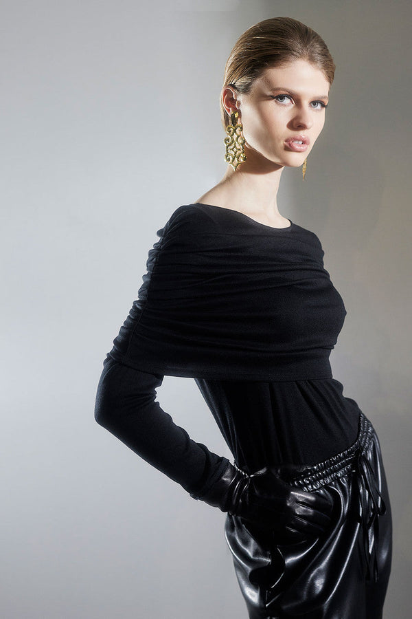 natori Layering Jersey Rouched Sleeve Top Black