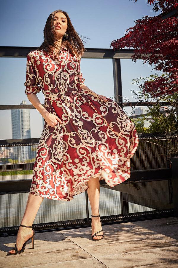 natori Leticia Printed Crepe Shirtdress Brick