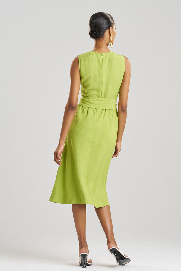 Natori Linen Embroidered Fit & Flare Dress Pear