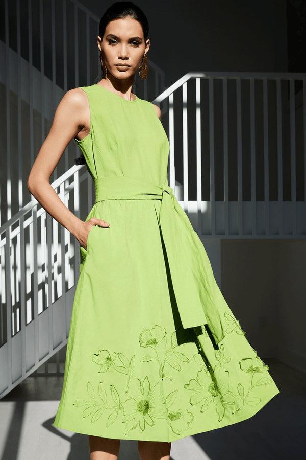 Natori Linen Embroidered Fit & Flare Dress Pear