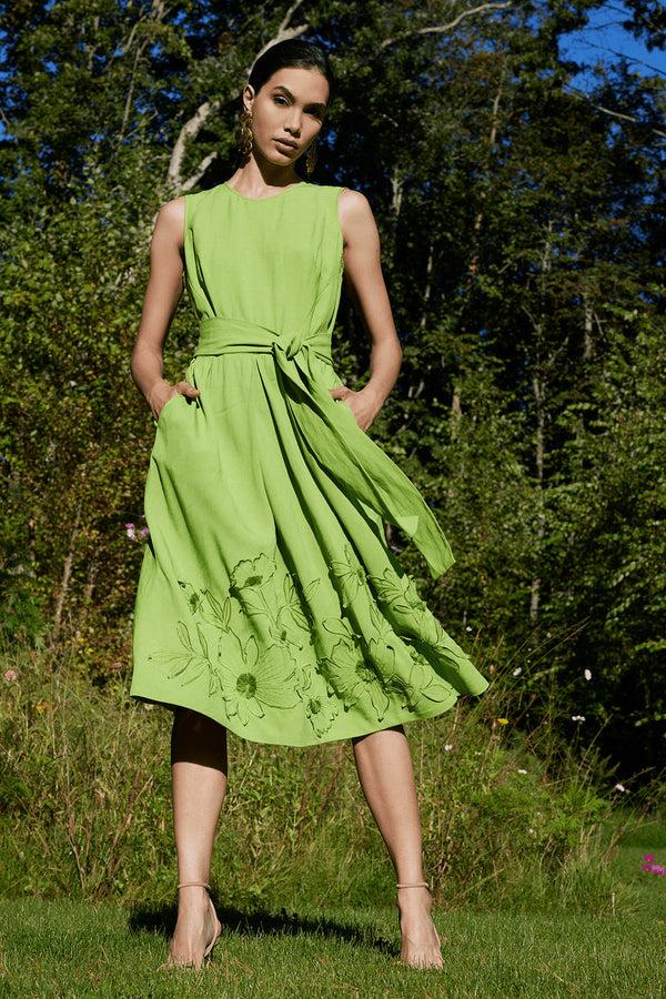 Natori Linen Embroidered Fit & Flare Dress Pear