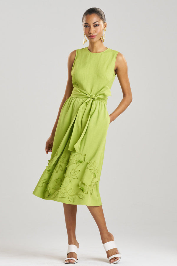 natori Linen Embroidered Fit & Flare Dress Pear