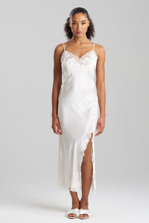 Natori Lolita Lace Slit Silk Slip Dress Warm White