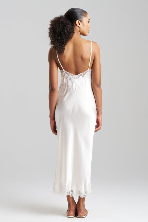 Natori Lolita Lace Slit Silk Slip Dress Warm White