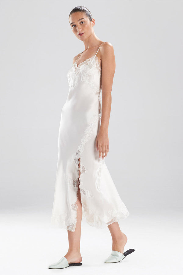 Natori Lolita Lace Slit Silk Slip Dress Warm White