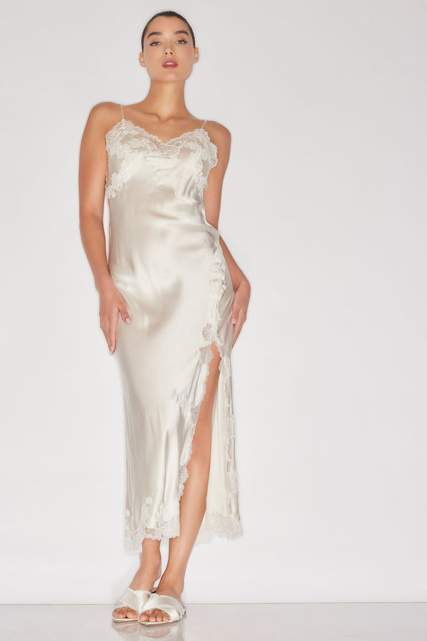 natori Lolita Lace Slit Silk Slip Dress Warm White