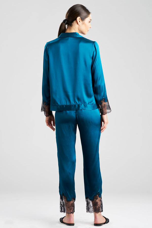 Natori Lolita Lace Trim Silk Notch PJ Spruce