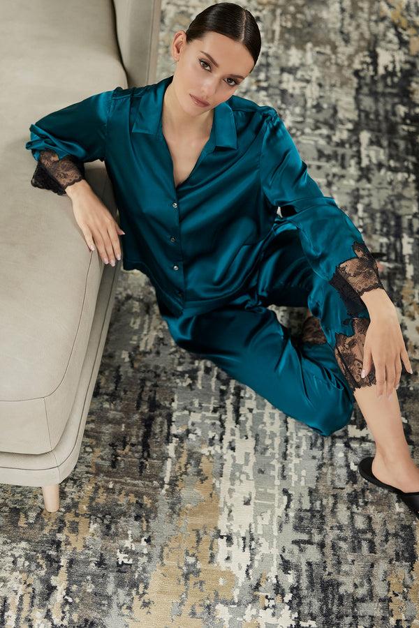 Natori Lolita Lace Trim Silk Notch PJ Spruce