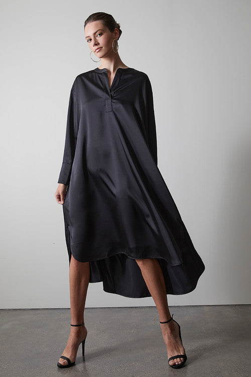natori Luxe Charmeuse Oversized Shirtdress Black