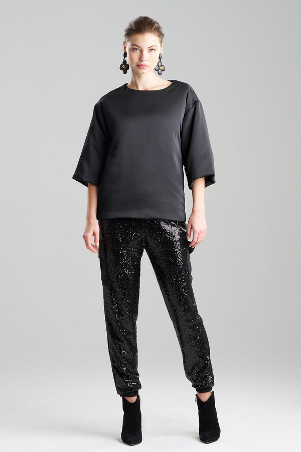 Natori Luxe Charmeuse Puffer T-Shirt Top Black