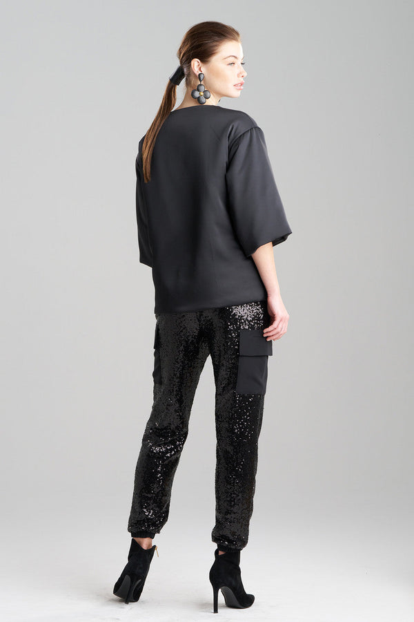 Natori Luxe Charmeuse Puffer T-Shirt Top Black