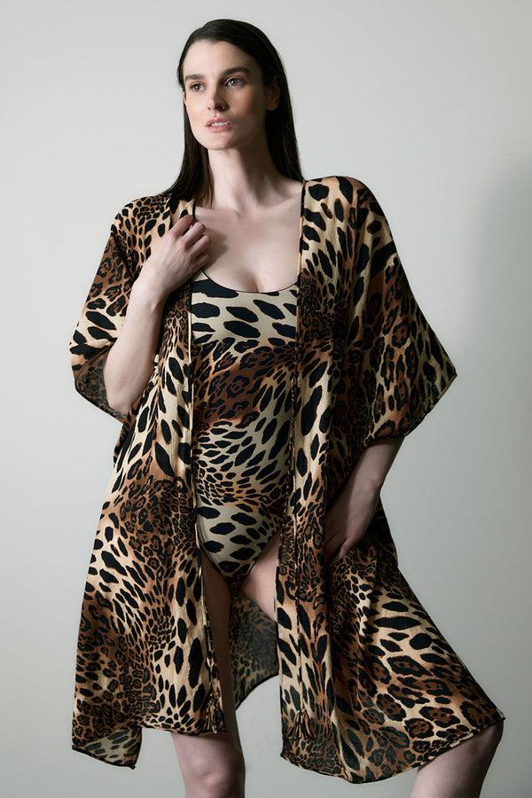Natori Luxe Leopard Cotton Gauze Cover-Up Chestnut