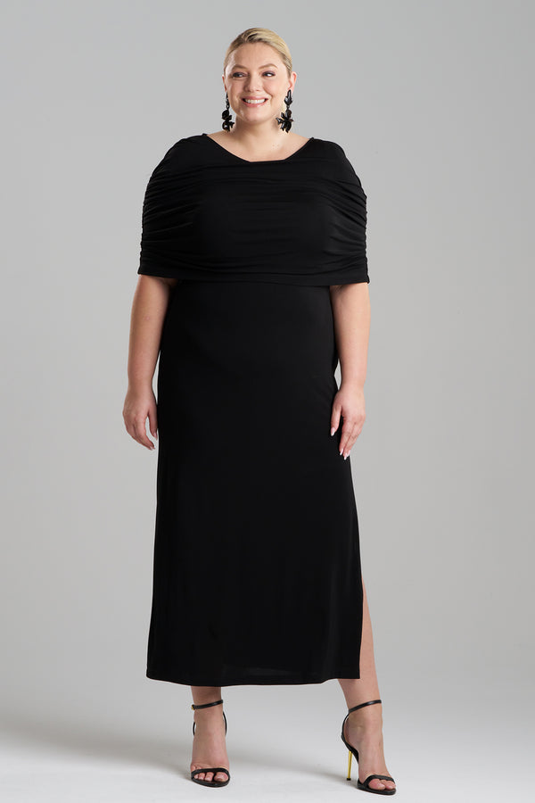 Natori Matte Jersey Rouched Shoulder Dress Black