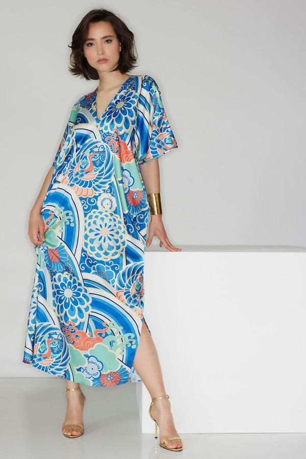 natori Medallion V-Neck Caftan Blue