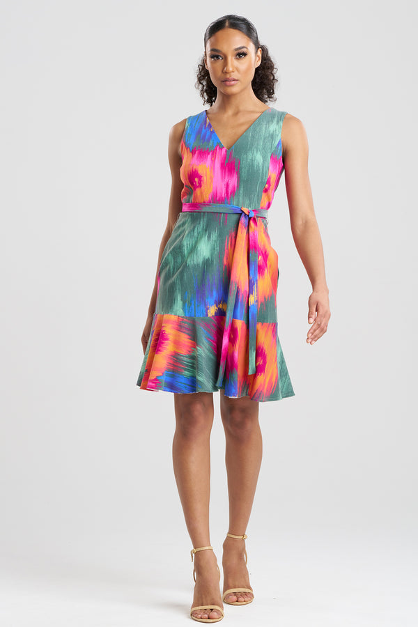 natori Multi Floral Belted Ruffle Dress Multi