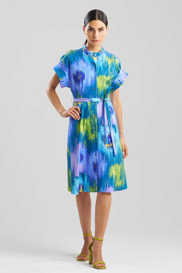 natori Multi Floral Mandarin Shirtdress Blue/Green