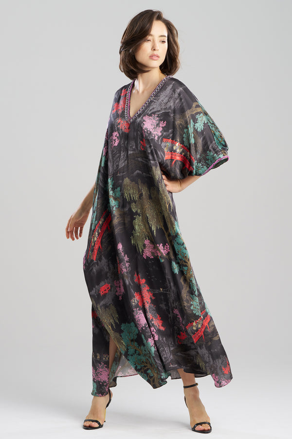 Natori Nara Embellished Cocoon Silk Caftan Black