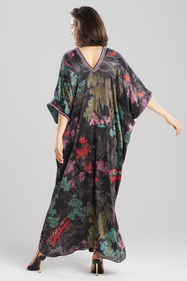 Natori Nara Embellished Cocoon Silk Caftan Black