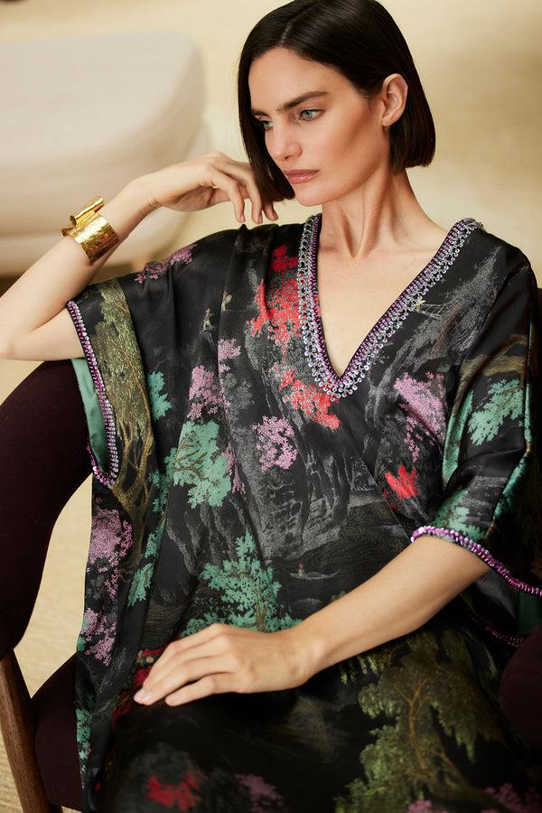 natori Nara Embellished Cocoon Silk Caftan Black