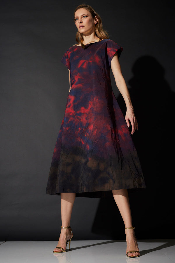 natori Niji Tie Dye Taffeta Trapeze Dress Red