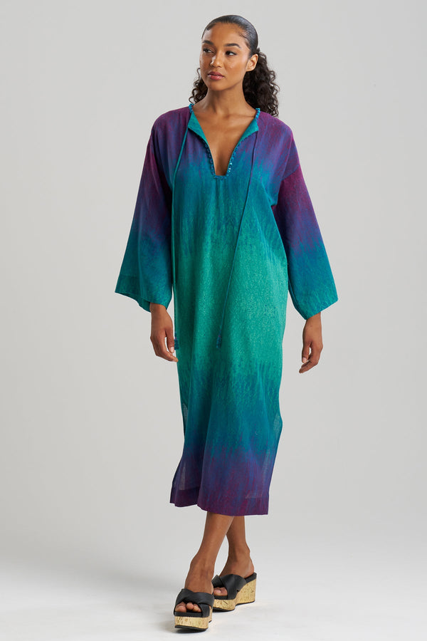 Natori Ombre Printed Gauze Beaded Caftan Green