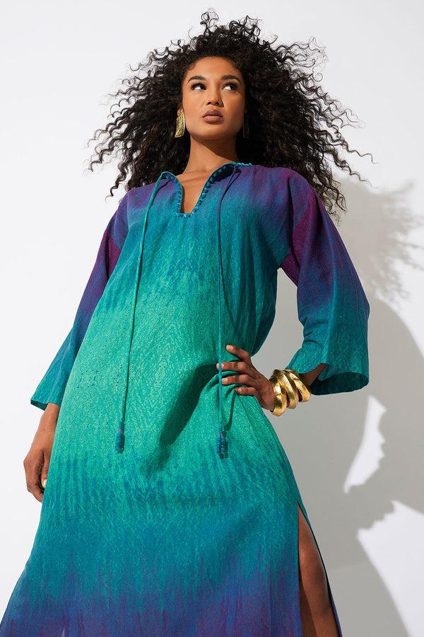 natori Ombre Printed Gauze Beaded Caftan Green