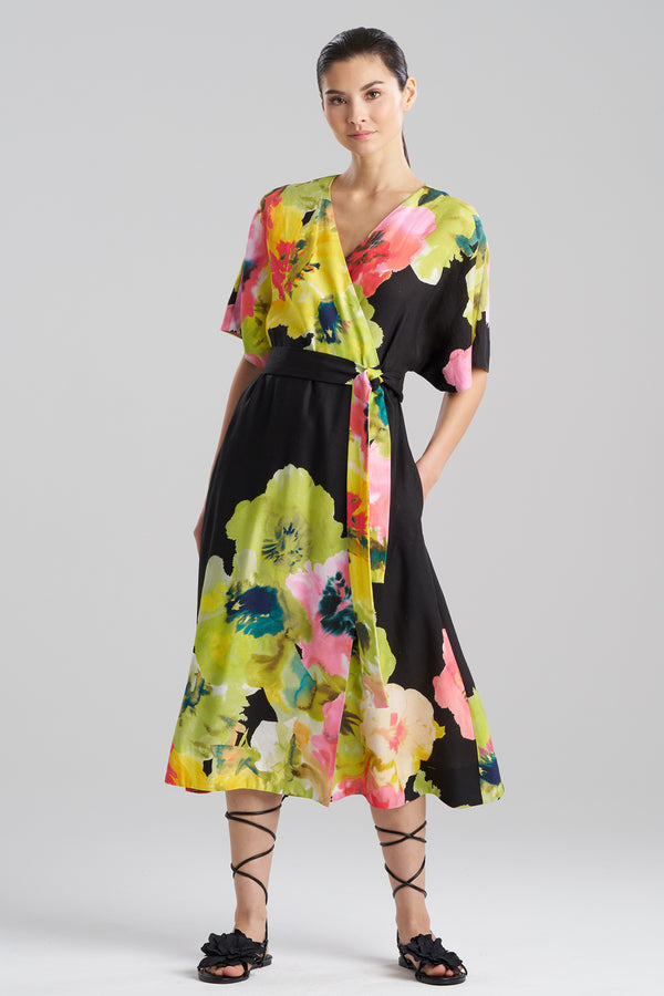 Natori Ophelia Linen Kimono Wrap Dress Black Multi