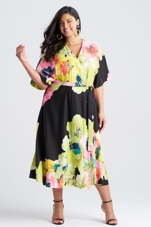 Natori Ophelia Linen Kimono Wrap Dress Black Multi