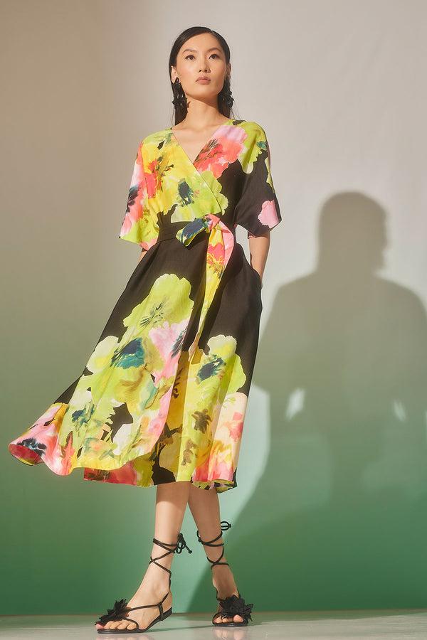 natori Ophelia Linen Kimono Wrap Dress Black Multi