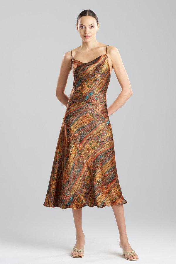 Natori Paisley Cowl Neck Silk Slip Dress Multi