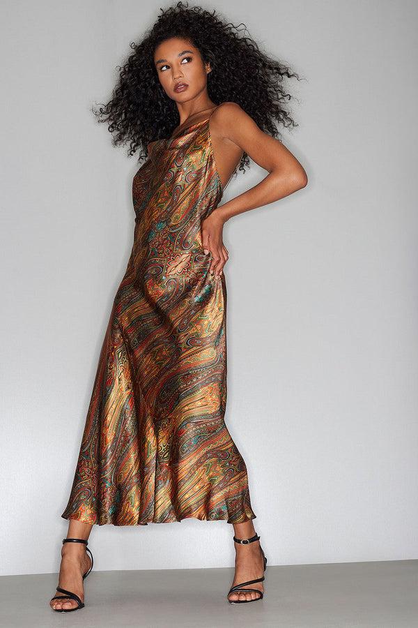 natori Paisley Cowl Neck Silk Slip Dress Multi