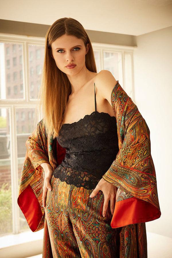 natori Paisley Drop Sleeve Silk Robe Multi