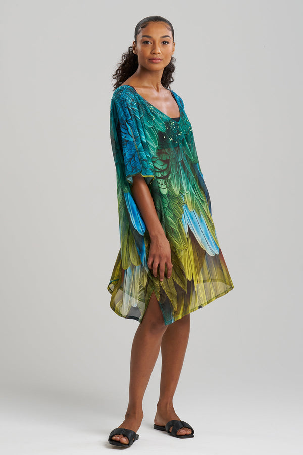 natori Paradise Printed Mesh Beaded Caftan Multi