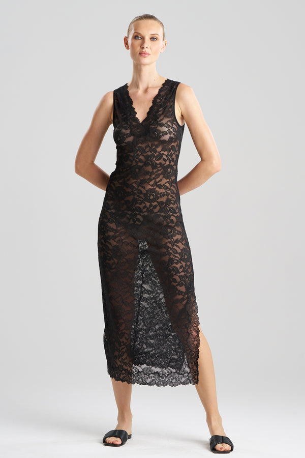 Natori Peony Allover Lace V-Neck Slip Dress Black