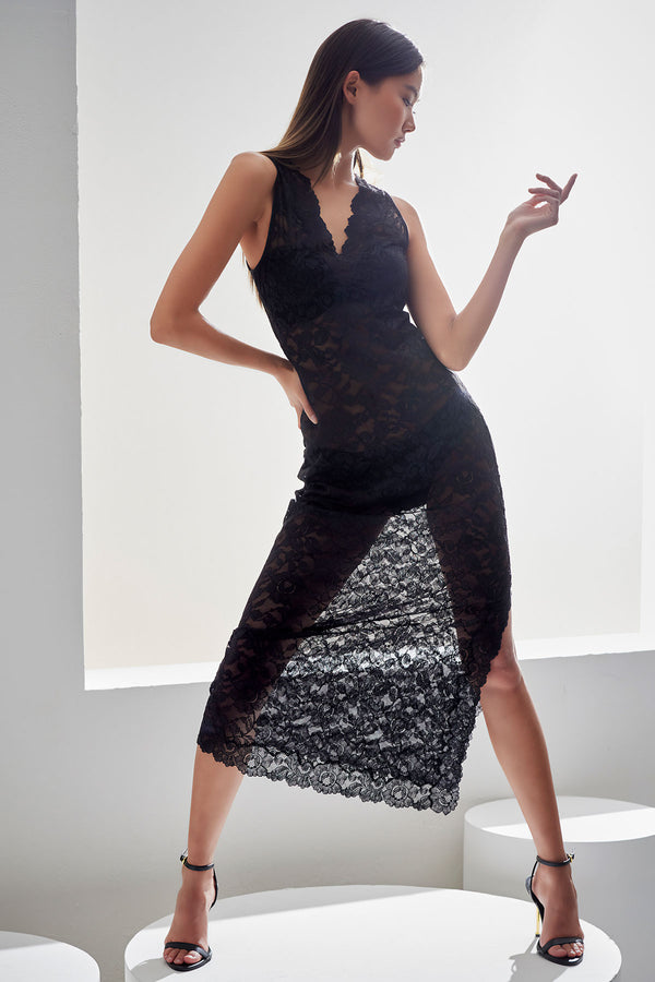 natori Peony Allover Lace V-Neck Slip Dress Black