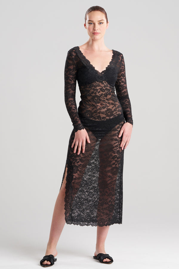 Natori Peony Allover Sheer Lace Dress Black