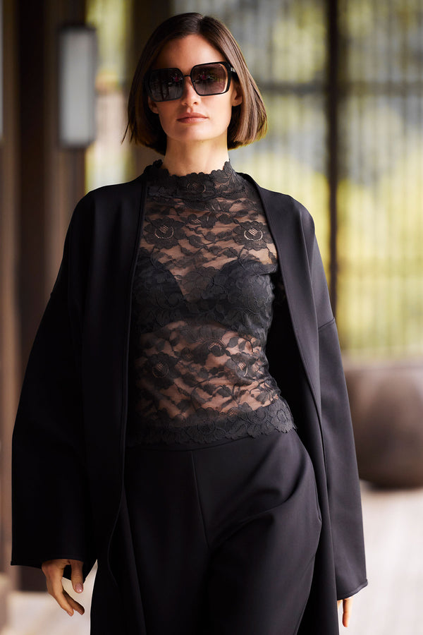 natori Peony Allover Sheer Lace Top Black