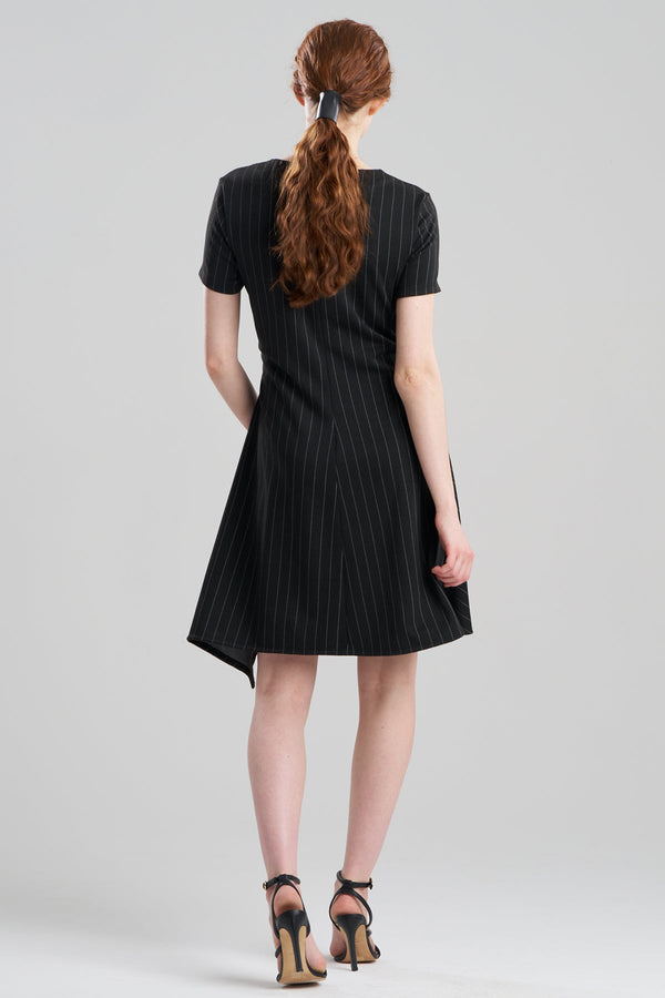 Natori Pinstripe Knit Side Drape Dress Black/White