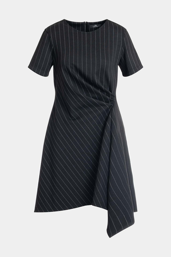 Natori Pinstripe Knit Side Drape Dress Black/White