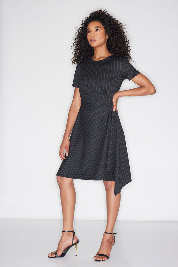 natori Pinstripe Knit Side Drape Dress Black/White
