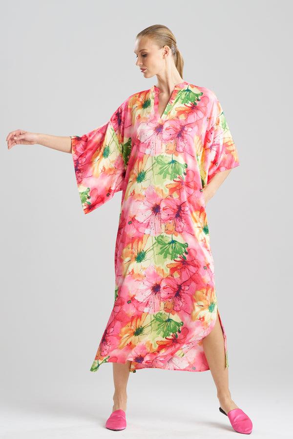 natori Radiance Satin Mandarin Caftan Multi