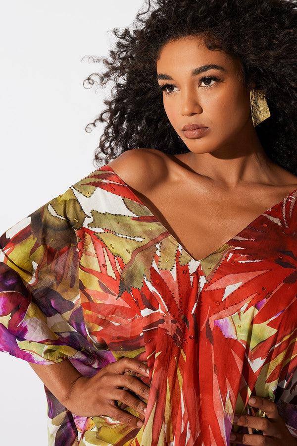 Natori Rainforest Cotton Beaded Caftan Multi