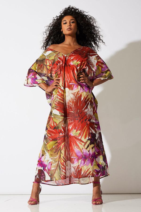 natori Rainforest Cotton Beaded Caftan Multi