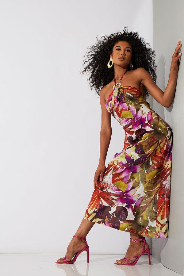 natori Rainforest Cotton Maxi Halter Dress Multi