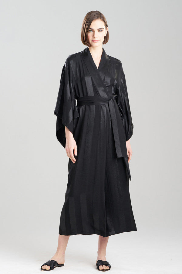 natori Satin Jacquard Stripe Robe Black